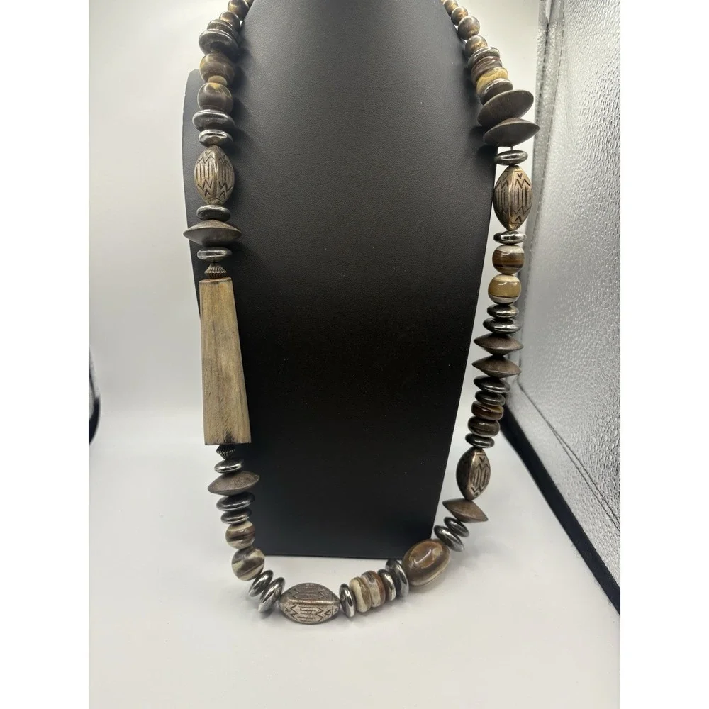 Vtg Designs By Paula Statement Necklace‎ Horn Wood Silver Toned Beads
